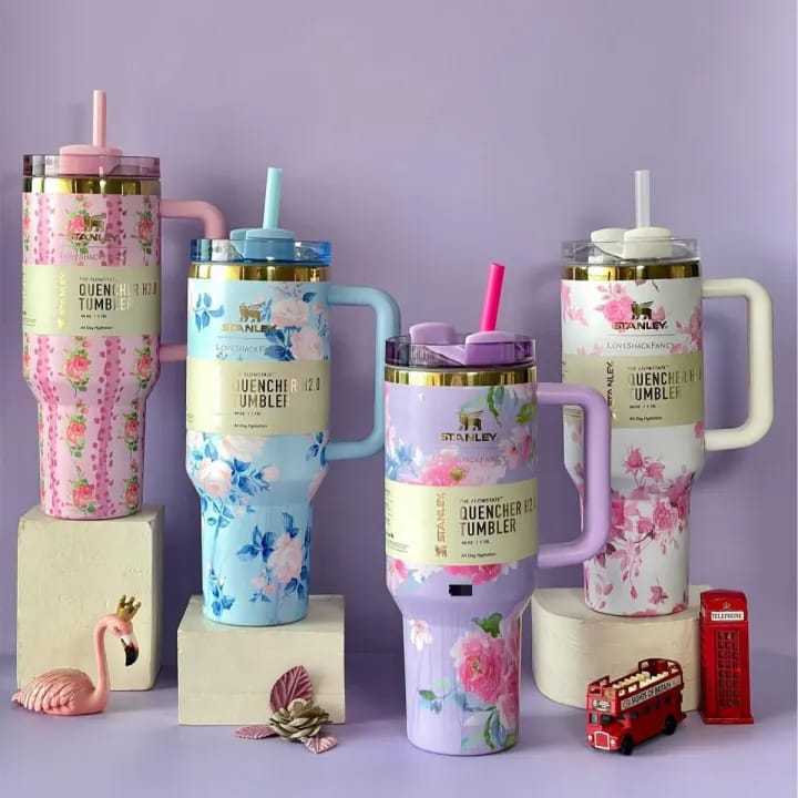 Stainless Steel Flower Design Tumbler – Vacuum Insulated Car Mug with Lid