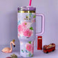 Stainless Steel Flower Design Tumbler – Vacuum Insulated Car Mug with Lid