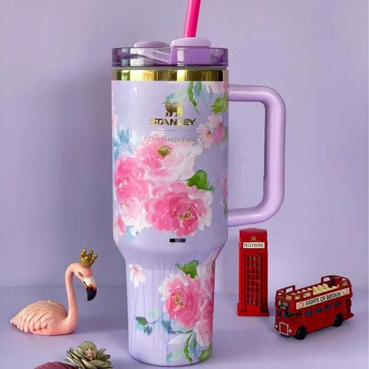 Stainless Steel Flower Design Tumbler – Vacuum Insulated Car Mug with Lid