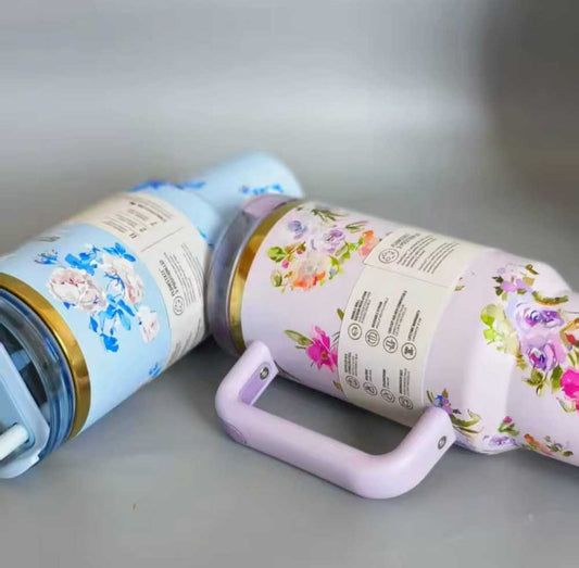 Stainless Steel Flower Design Tumbler – Vacuum Insulated Car Mug with Lid